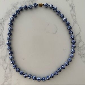 Vintage Chinoiserie Hand Knotted Beaded Necklace in Blue and White